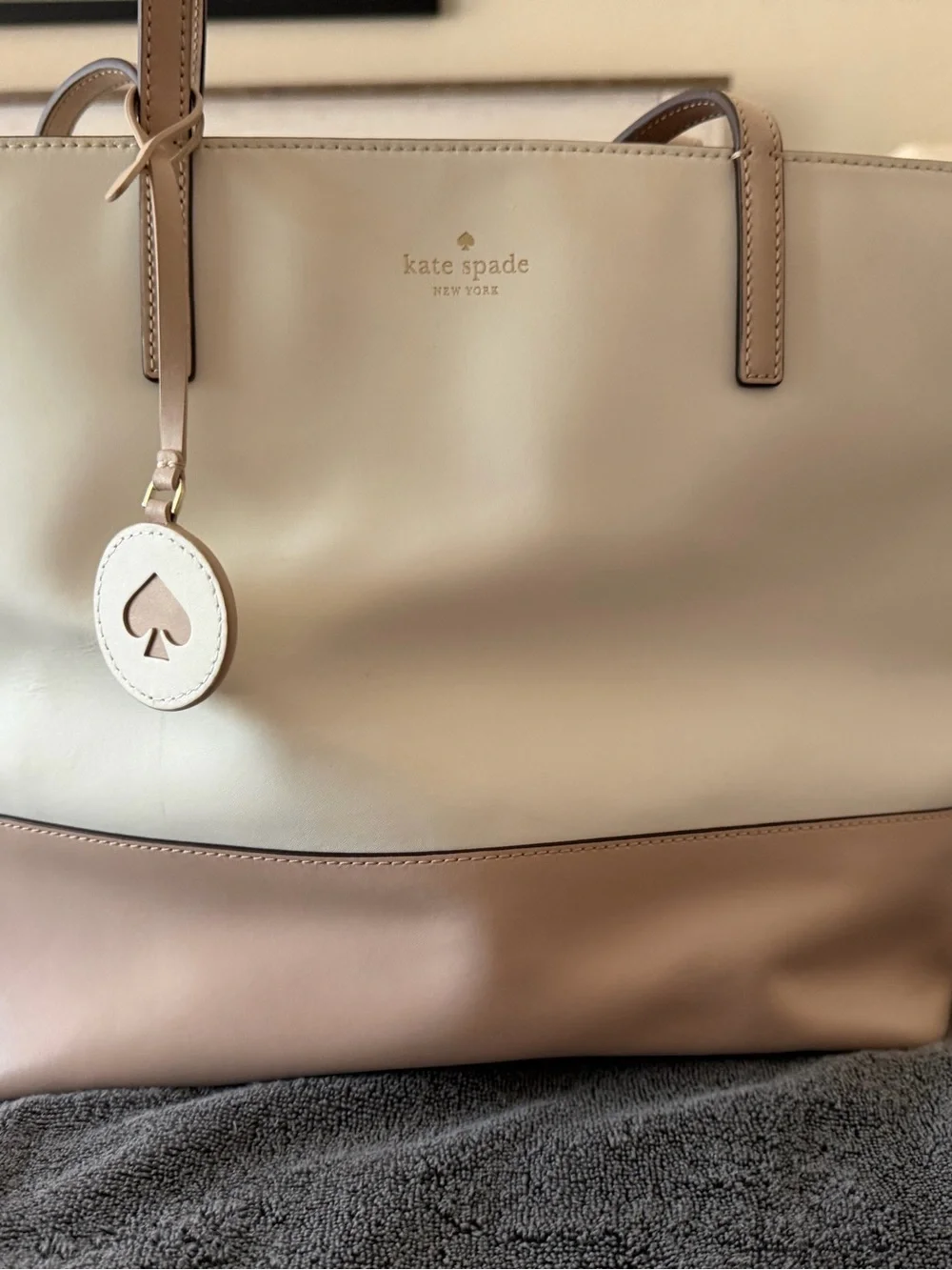 kate spade Cream and Tan Two-Tone Leather Tote with Spade Charm